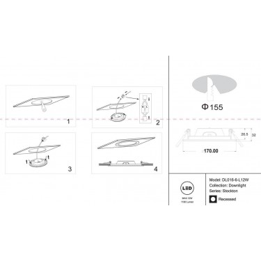 Встраиваемый светильник Стоктон/Stockton 3000-6000K 12Вт DL016-6-L12W
