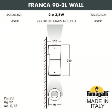Настенный светильник Franca 90-2L Wall 3A7.003.000.LXU2L