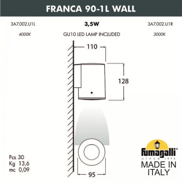 Настенный светильник Franca 90-1L Wall 3A7.002.000.LXU1L